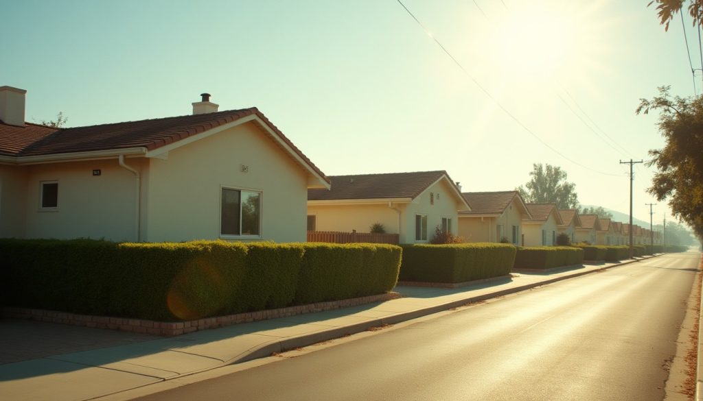 Row of pale stucco bungalows on a dry California street under strong afternoon sun