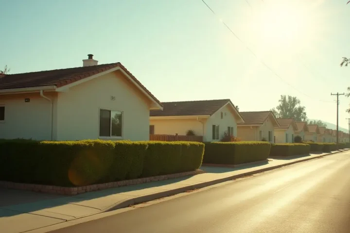Row of pale stucco bungalows on a dry California street under strong afternoon sun