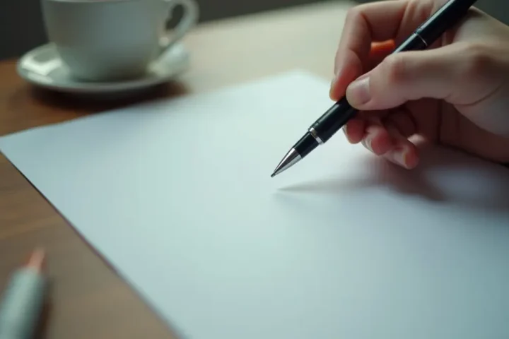 A hand holding a pen over a blank sheet of paper on a table beside a coffee mug