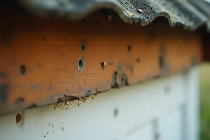 Weathered timber fascia beneath a house eave showing round carpenter bee boreholes with sawdust below