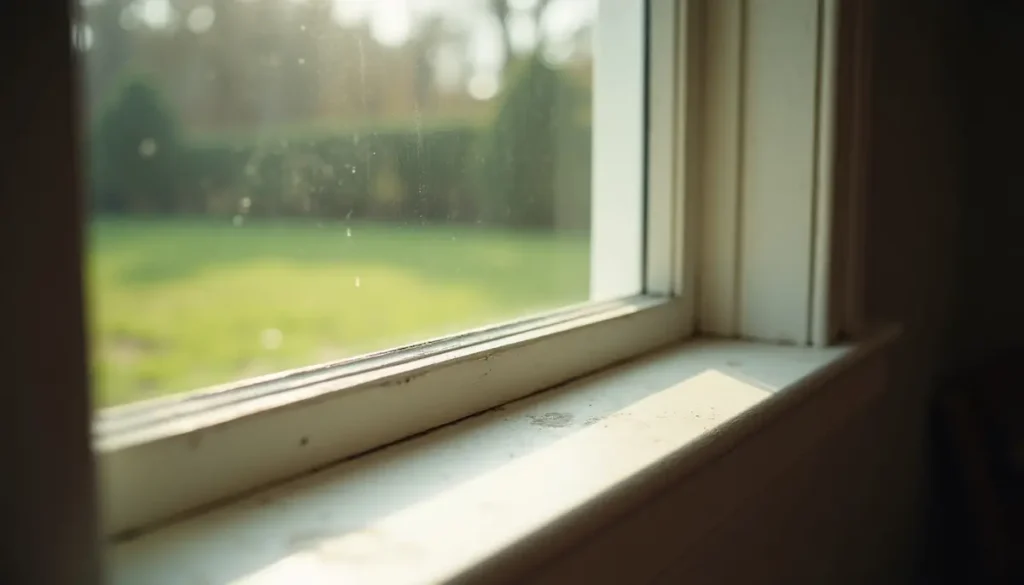 Painted window sill and frame inside a house with bright morning light and a lawn beyond