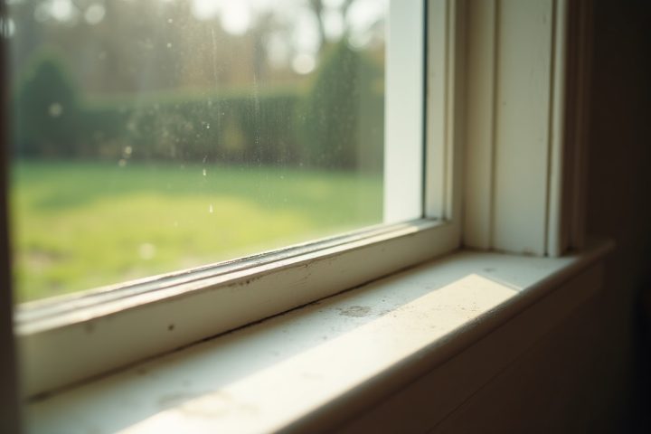 Painted window sill and frame inside a house with bright morning light and a lawn beyond