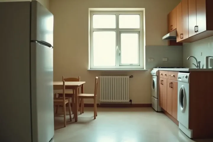 A clean empty kitchen in a modest apartment, the setting where cockroach allergen accumulates in dust