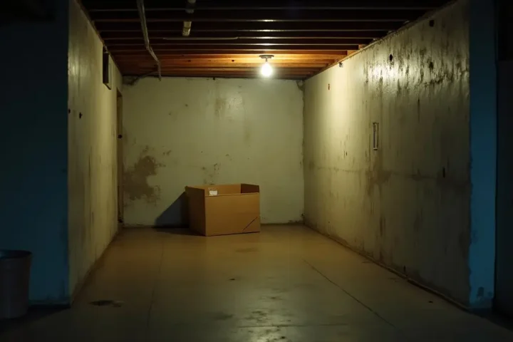 Dim unfinished basement corner with exposed joists, a cardboard box and a damp concrete floor