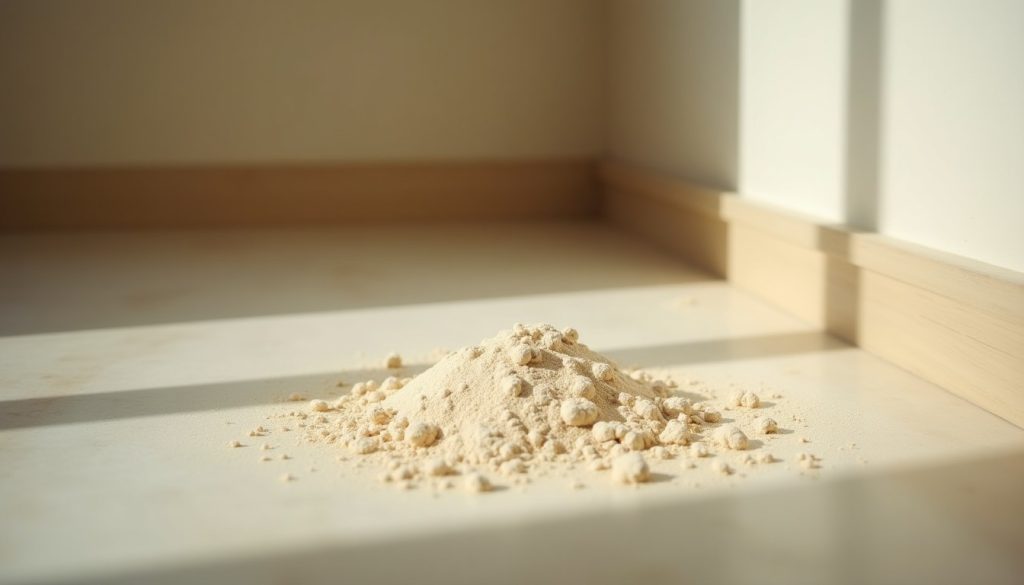Fine pale powder dusted along a skirting board and floor junction in an empty room