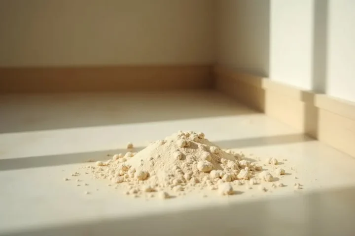 Fine pale powder dusted along a skirting board and floor junction in an empty room