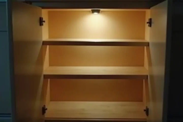 Inside of an empty kitchen cabinet with the door open and light falling across the shelves