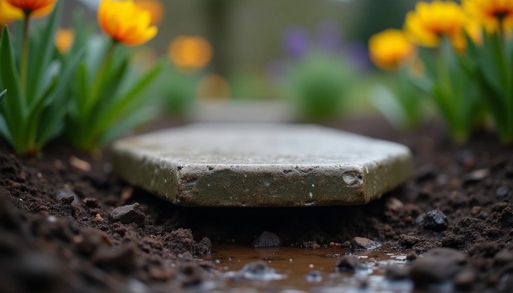 Damp garden stepping stone lifted at the edge of a flower bed showing moist dark soil