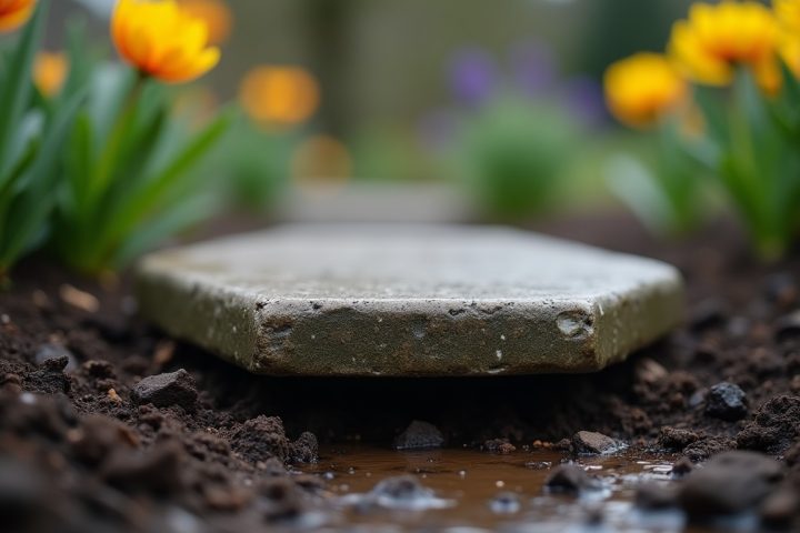 Damp garden stepping stone lifted at the edge of a flower bed showing moist dark soil