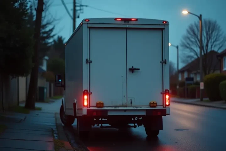 Unmarked white service van parked at a suburban kerb at dusk with rear doors open on an urgent call