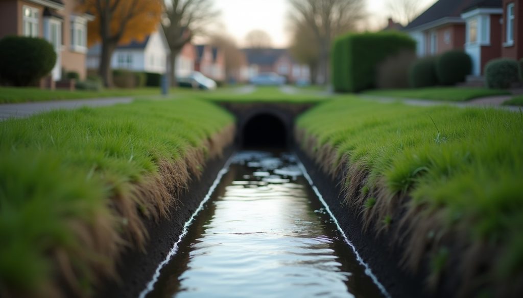 Suburban drainage ditch with clear slow water, mown grass banks and a culvert