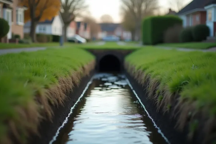 Suburban drainage ditch with clear slow water, mown grass banks and a culvert