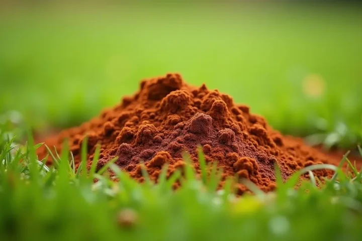Mound of loose reddish soil raised in a patch of green lawn grass