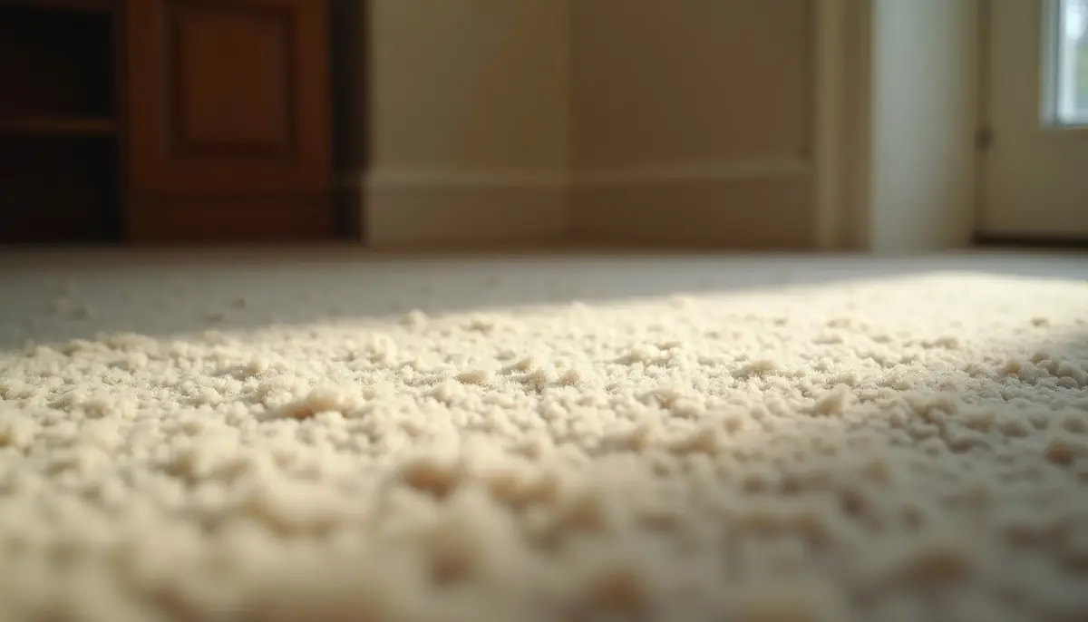 Close low view across the pile of a wool carpet beside a skirting board with strong side light