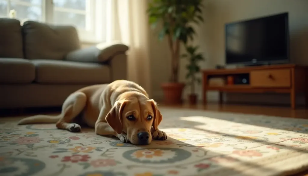 Dog lying on a patterned rug in a sunlit living room