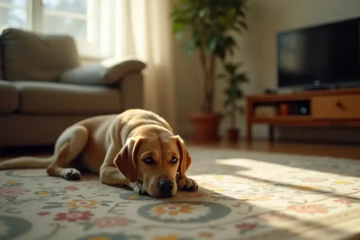 Dog lying on a patterned rug in a sunlit living room