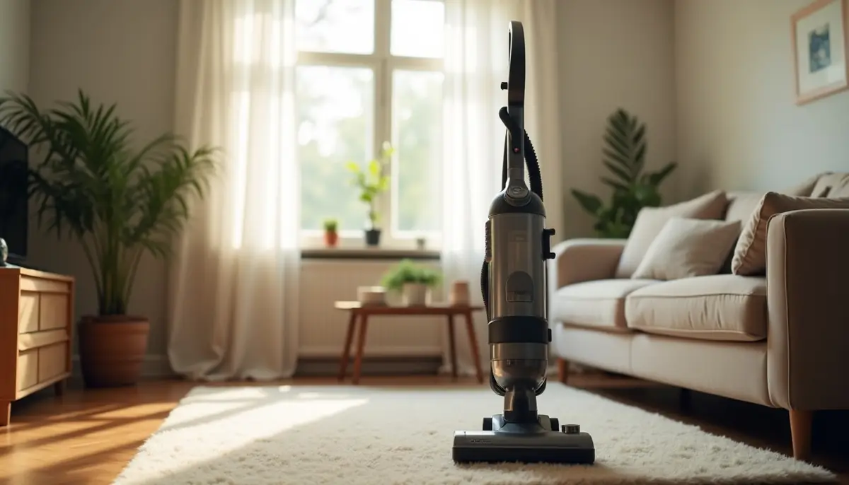 Upright vacuum cleaner standing on a rug in a bright living room