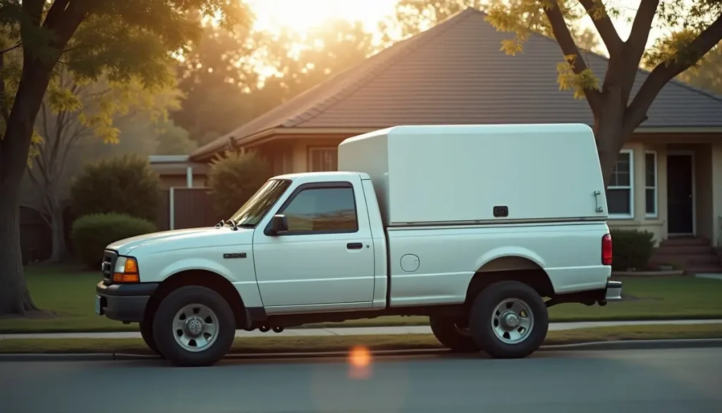 Plain white pickup truck with an equipment canopy parked outside a suburban home in early light