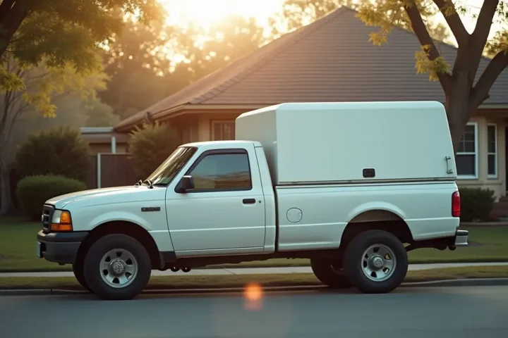 Plain white pickup truck with an equipment canopy parked outside a suburban home in early light