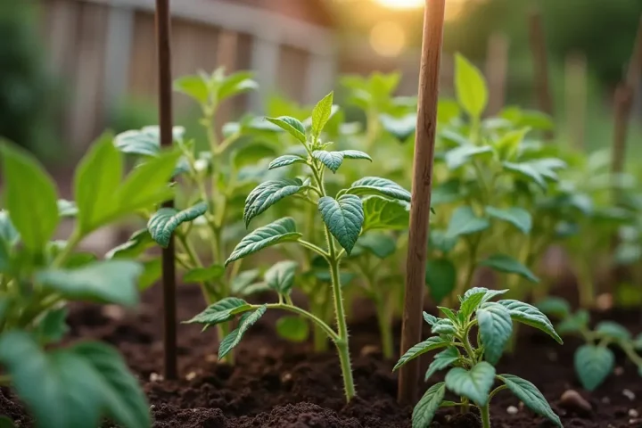 Domestic vegetable garden bed in summer with staked tomato plants and some chewed leaves
