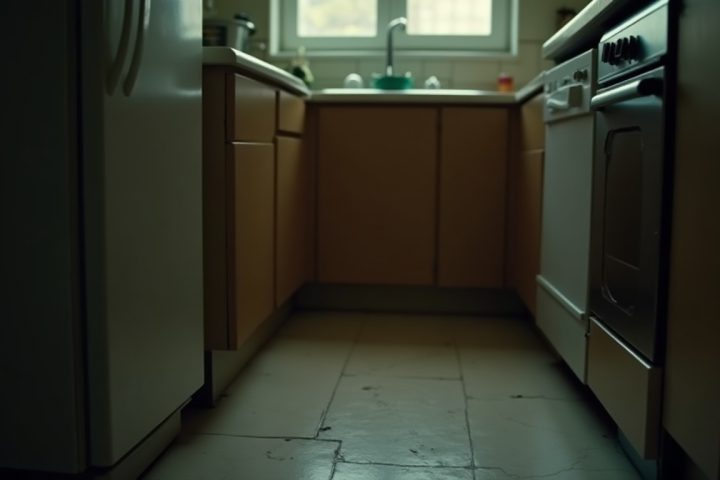 Dark gap behind a base cabinet in an old apartment kitchen at night under hard torch light