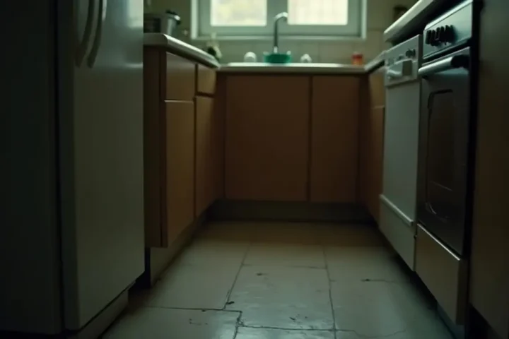 Dark gap behind a base cabinet in an old apartment kitchen at night under hard torch light
