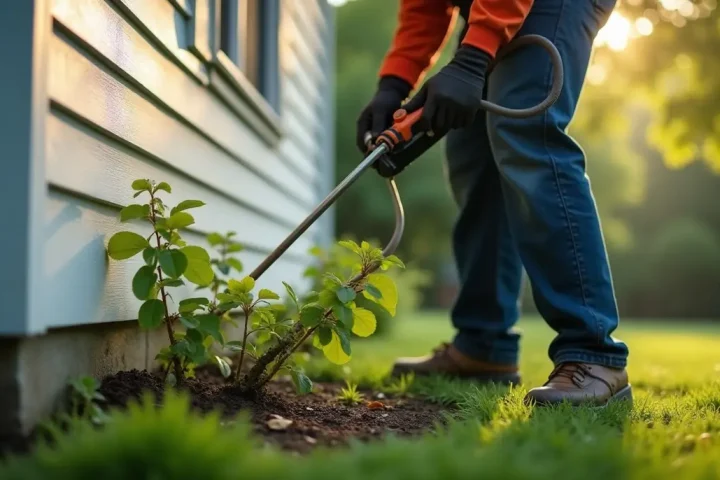 Technician applying a targeted treatment at the base of a garden shrub beside a house foundation