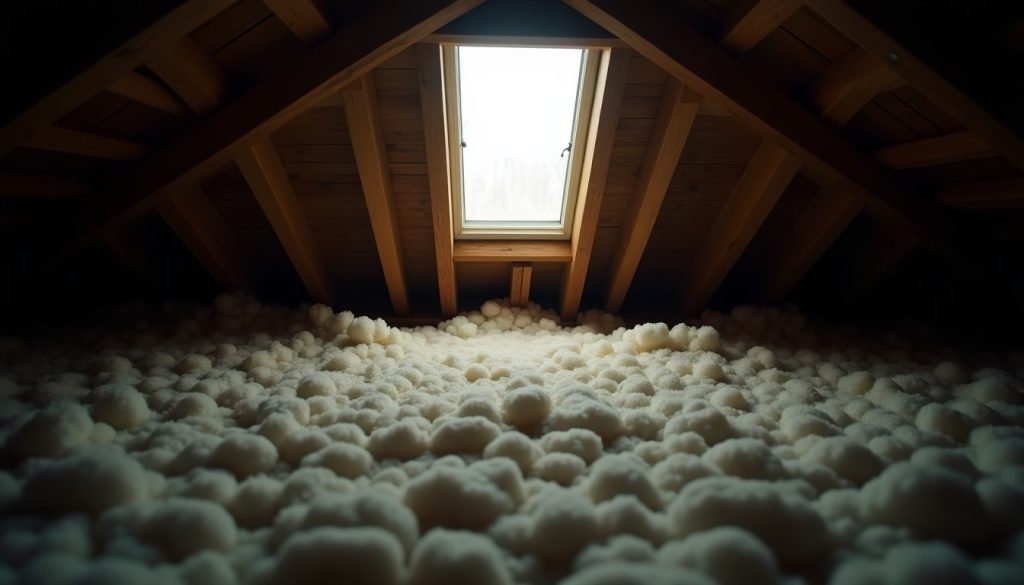 Dim attic space with exposed rafters and blown insulation lit by a shaft of daylight from a vent