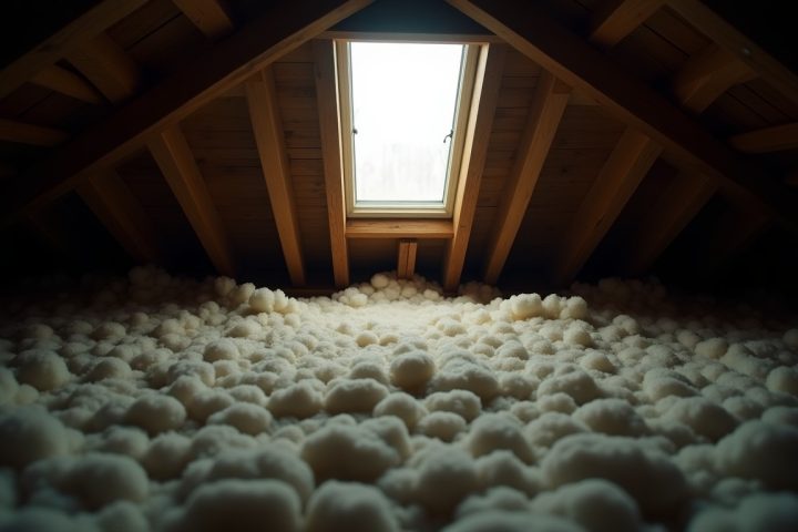Dim attic space with exposed rafters and blown insulation lit by a shaft of daylight from a vent