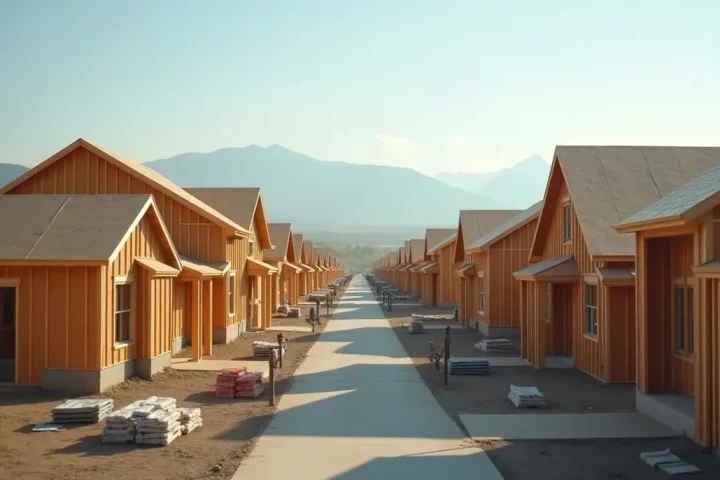 New timber-framed houses under construction in a growing suburban development