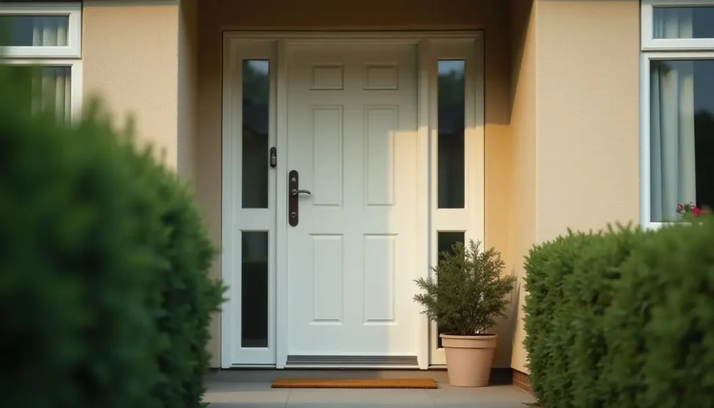Front door of a suburban house seen from the path, closed, with a doormat and a potted plant