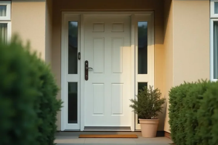 Front door of a suburban house seen from the path, closed, with a doormat and a potted plant