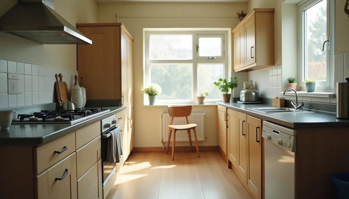 Tidy kitchen with clear worktops and a small table in mid morning light