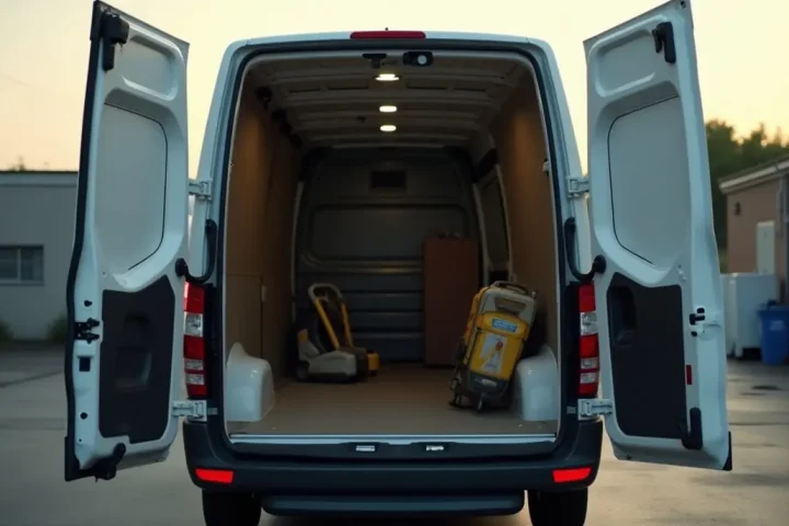 Empty pest control service van with its doors open in a depot yard, equipment stowed and nobody present