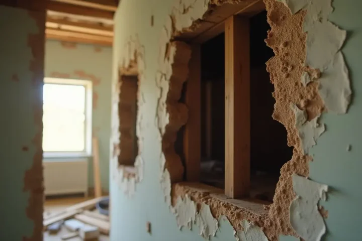 Damaged hollowed timber beam exposed behind an opened interior wall