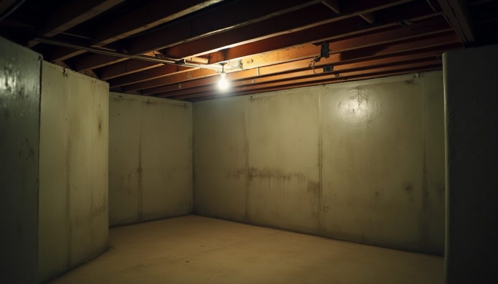 Damp unfinished basement corner with a concrete floor, exposed joists overhead and a bare bulb