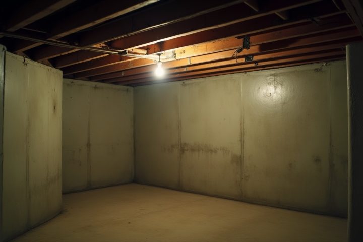 Damp unfinished basement corner with a concrete floor, exposed joists overhead and a bare bulb