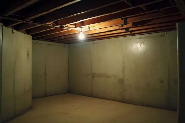 Damp unfinished basement corner with a concrete floor, exposed joists overhead and a bare bulb