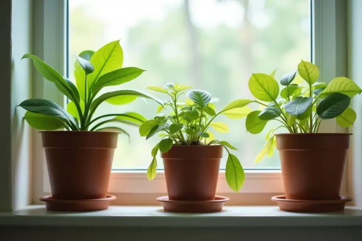 Potted houseplants on a bright windowsill, one with yellowing speckled leaves