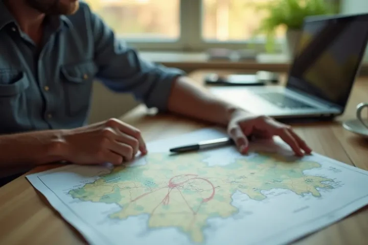 Pest control business owner reviewing a laptop and a marked-up service area map at a kitchen table
