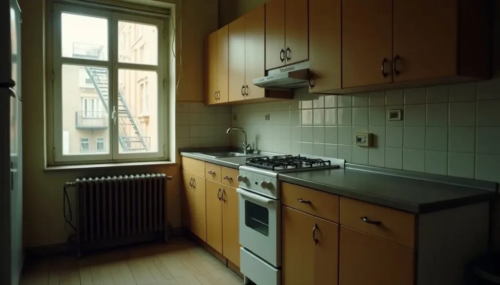 Small older apartment kitchen with worn cabinets, a radiator and a window onto a fire escape