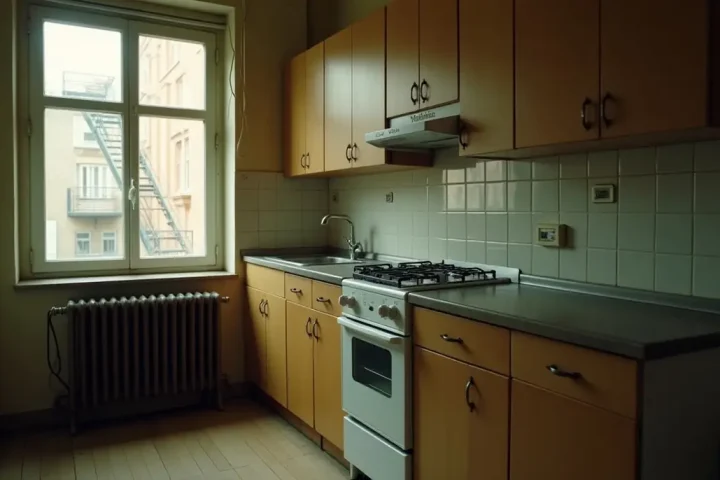 Small older apartment kitchen with worn cabinets, a radiator and a window onto a fire escape