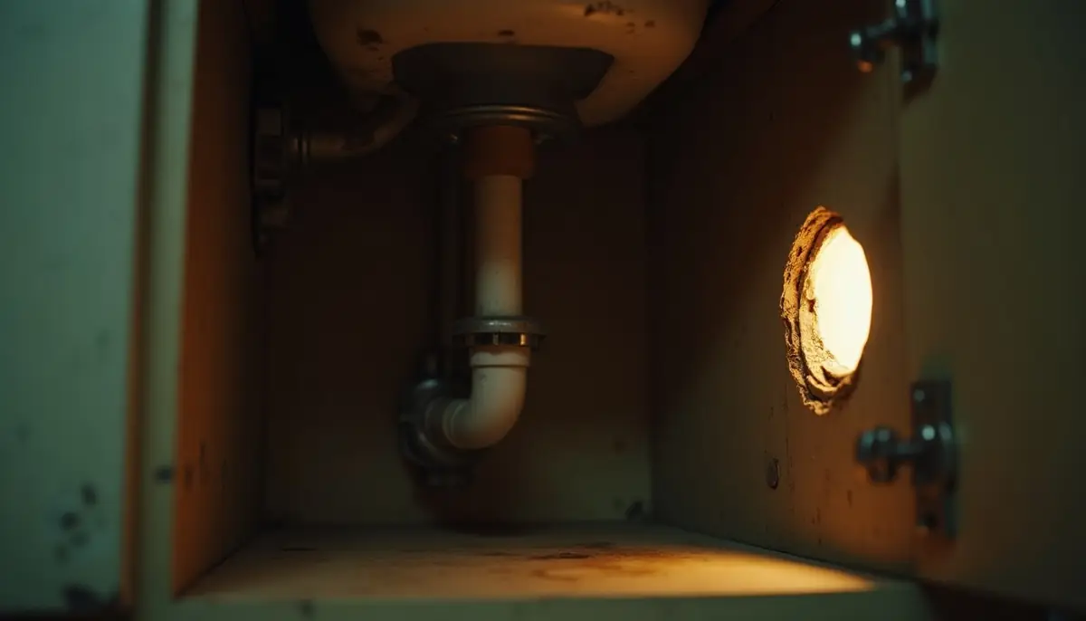 Gap under an old apartment kitchen sink cabinet with pipes passing through a rough hole in the wall, under torchlight