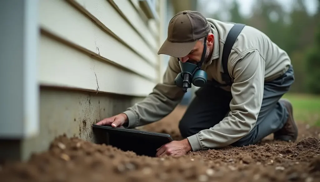 Pest control technician wearing a respirator kneeling at a crawl space hatch beside a house foundation
