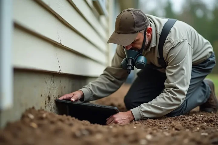 Pest control technician wearing a respirator kneeling at a crawl space hatch beside a house foundation