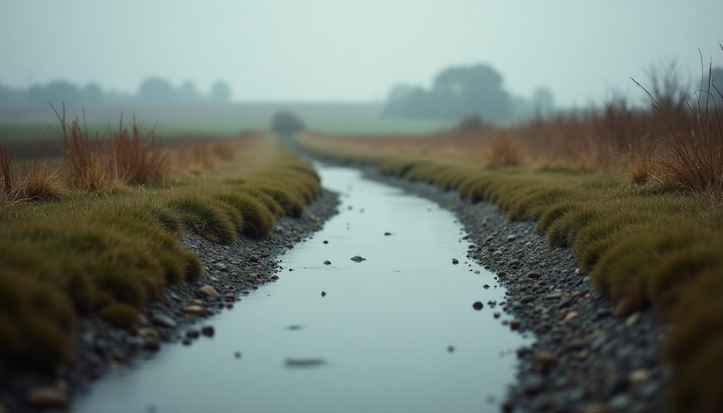 Shallow stream running through farmland under flat grey light with a visible gravel bed