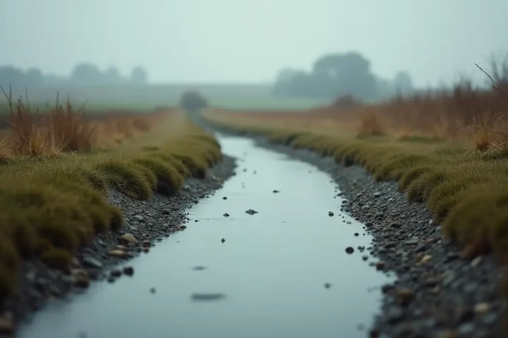 Shallow stream running through farmland under flat grey light with a visible gravel bed