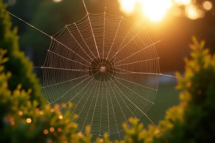 Circular orb spider web covered in dew strung between garden shrubs at sunrise