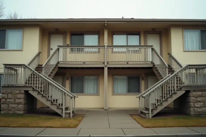 Exterior of a modest two storey apartment building with external stairs and multiple front doors
