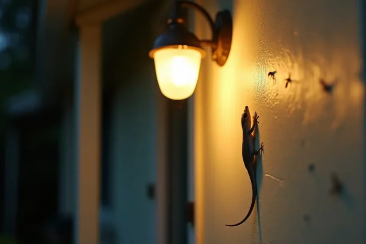 Gecko on an exterior wall beside a porch light at dusk where moths gather